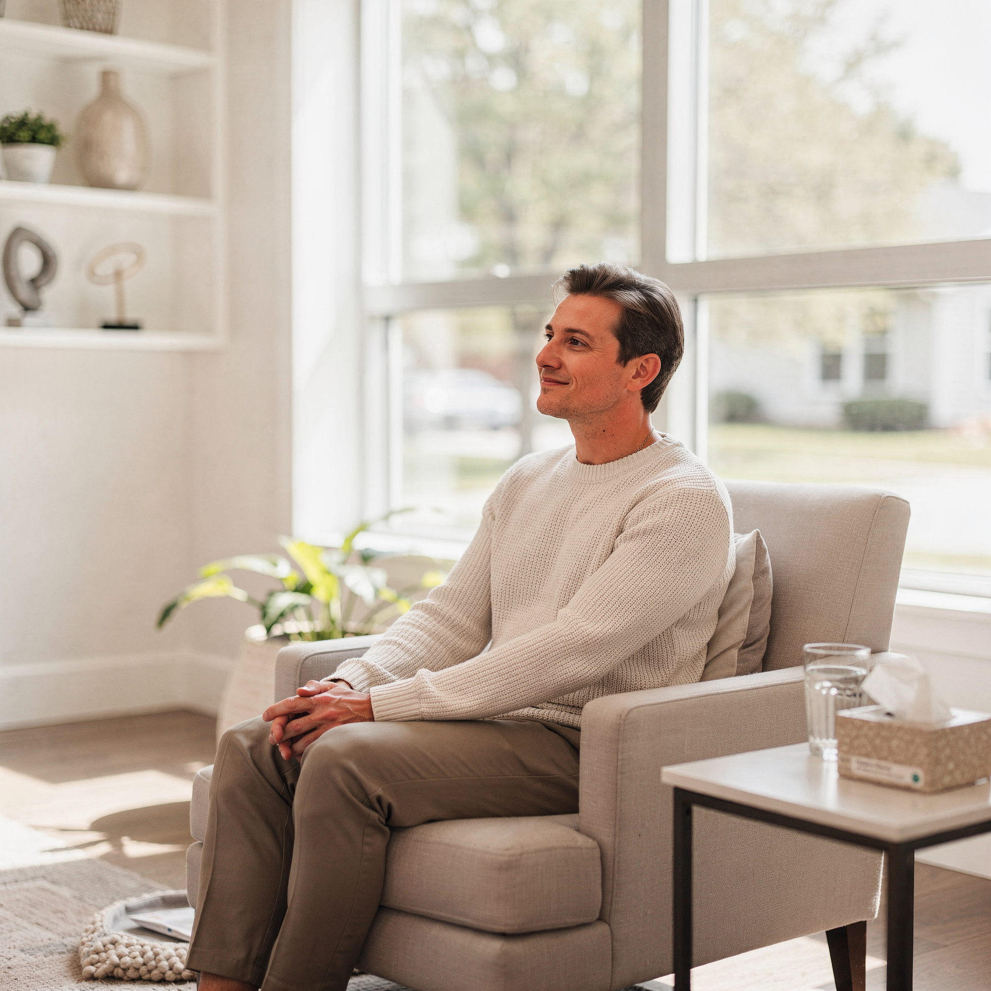 Man sitting in a comfortable chair in a bright, welcoming office with large windows and calming décor